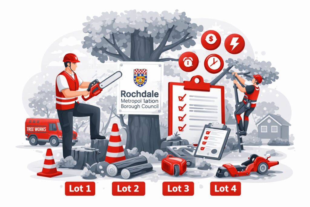 Tree works framework tender illustration showing arboricultural contractors carrying out pruning and emergency tree services for Rochdale Council