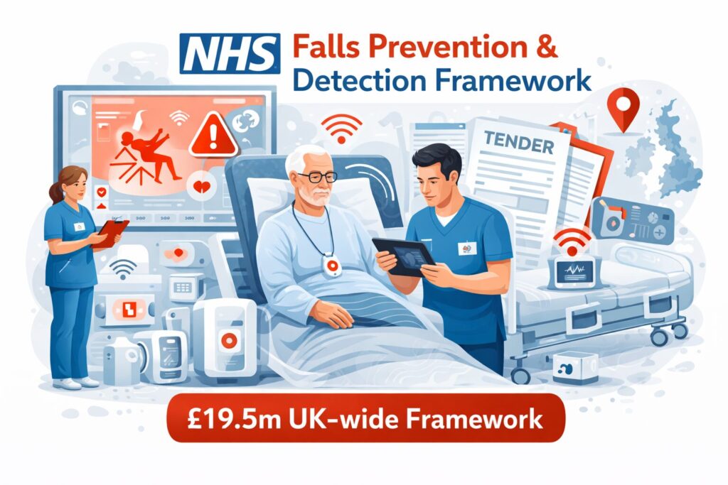 Falls prevention and detection framework tender illustration showing healthcare monitoring systems and patient safety technology
