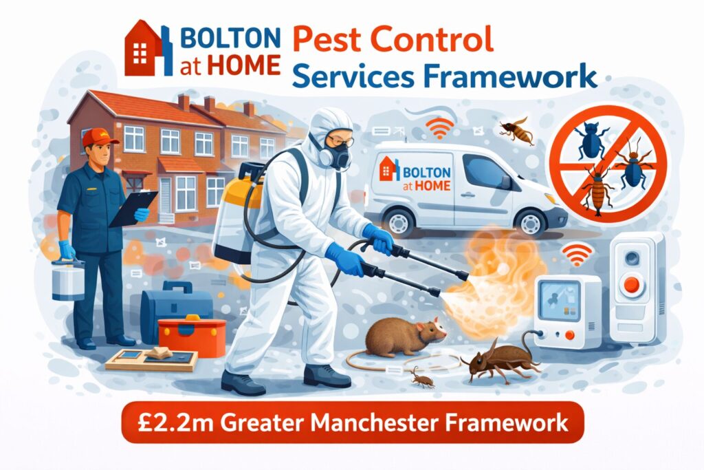 Illustration of pest control contractors carrying out treatment in residential housing for a public sector framework tender