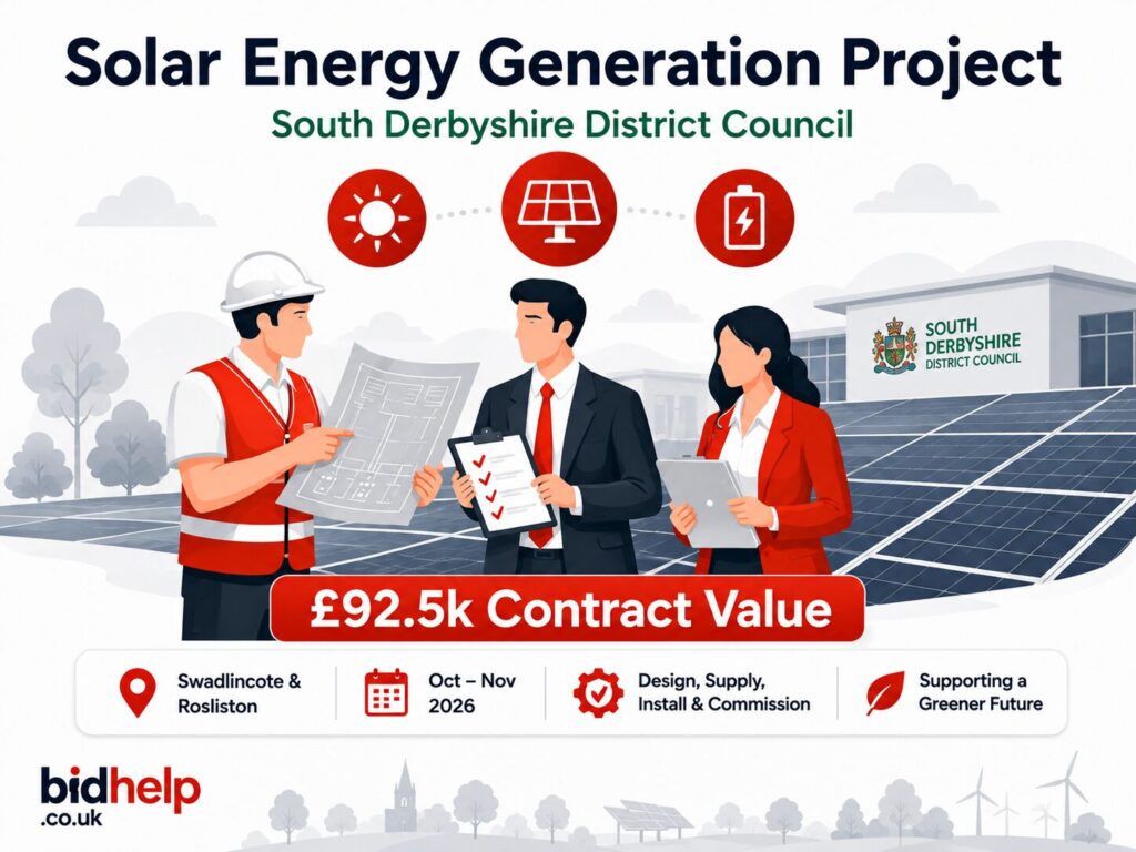 Illustration of South Derbyshire District Council's Solar Energy Generation Project tender showing commercial solar PV installation, renewable energy infrastructure and project planning.